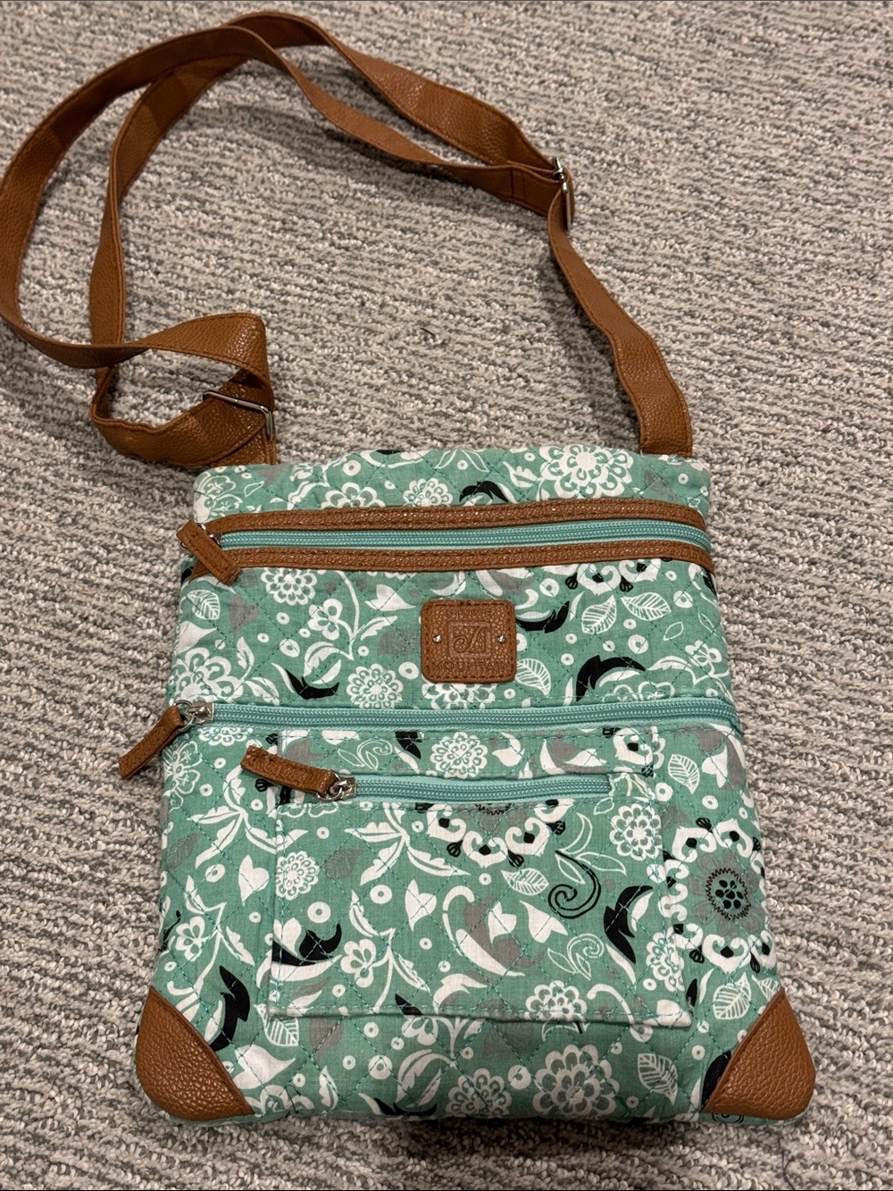 Stone Mountain Accessories Mint Green Floral Crossbody with Brown Trim
